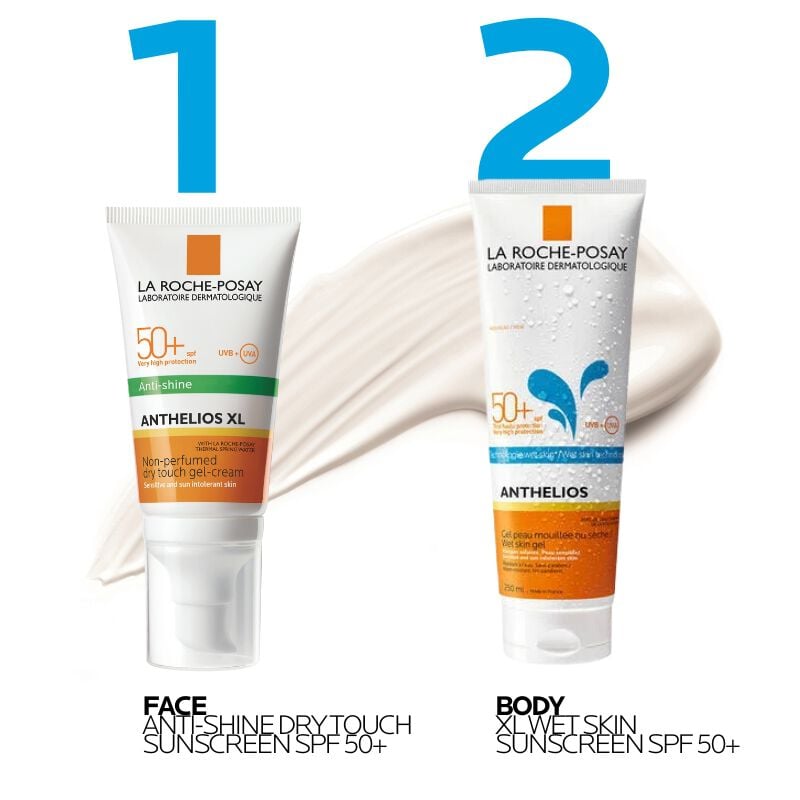 2 step routine: La Roche-Posay facial matte sunscreen and body wet skin sunscreen SPF 50+
