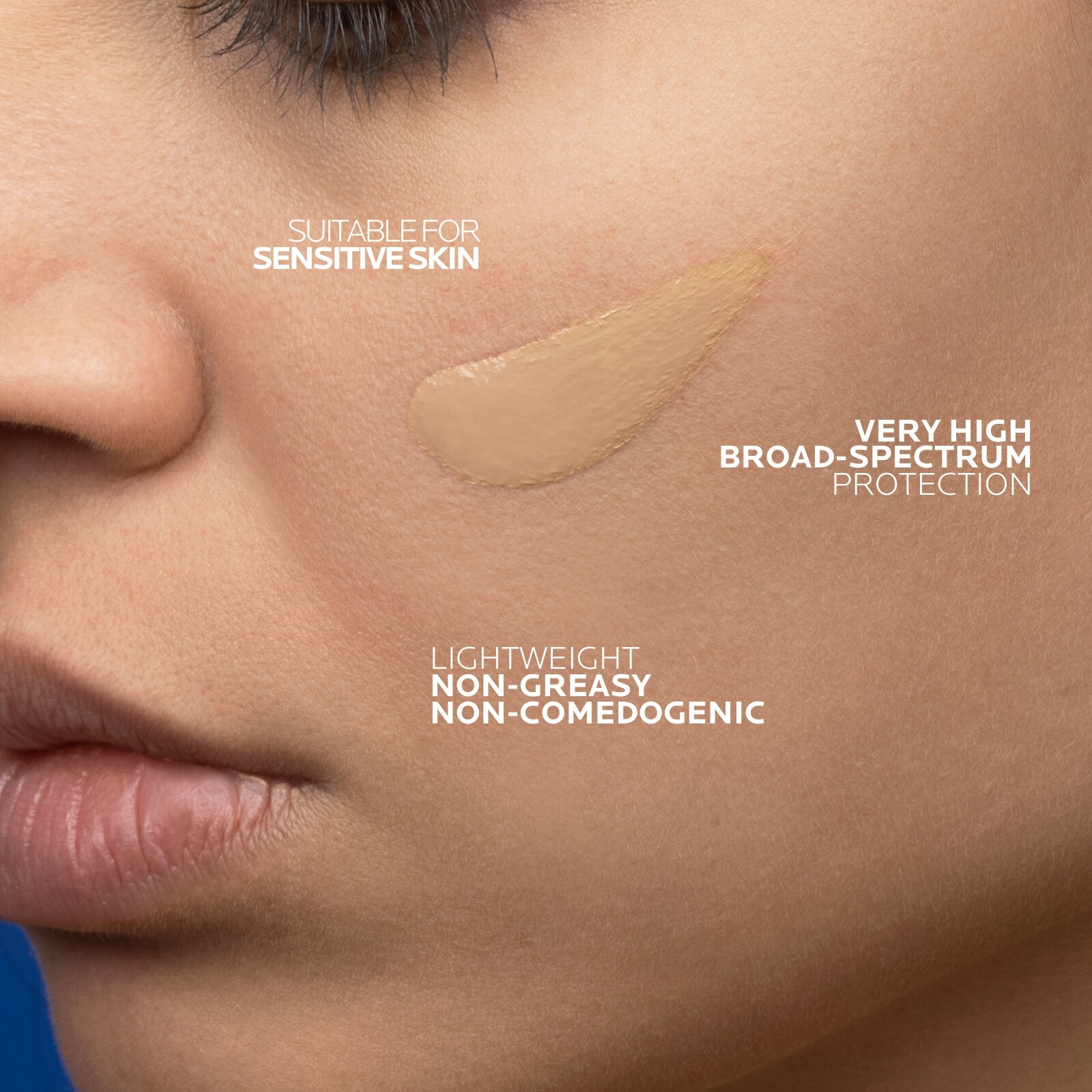 Tinted face sunscreen suitable for sensitive skin showing broad-spectrum sun protection, lightweight non-greasy non-comedogenic formula