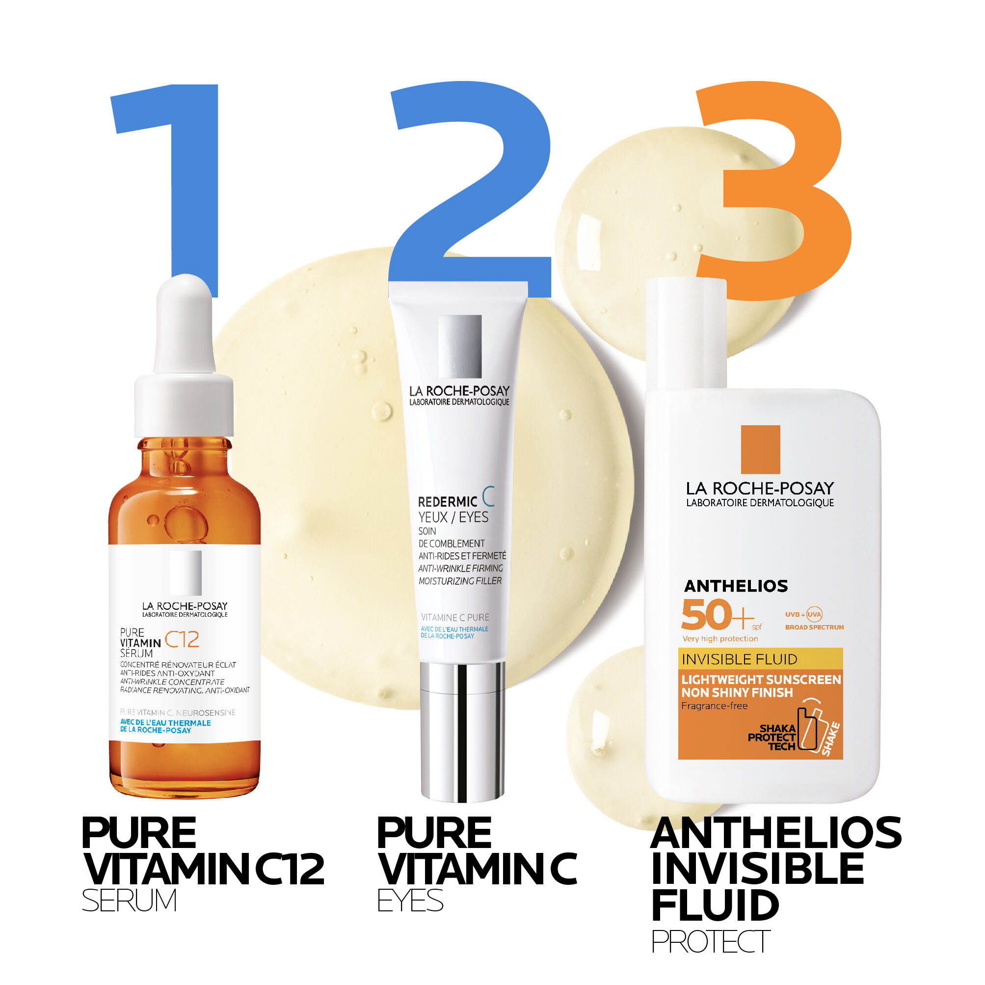 3 Step Skincare Routine - Pure Vitamin C12 Serum, Pure Vitamin C Eye Cream, Anthelios Invisible Fluid Sunscreen