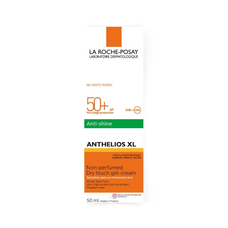 Packaging of Anthelios XL Anti-Shine Dry Touch Facial Sunscreen SPF 50+, a non-oily matte sunscreen