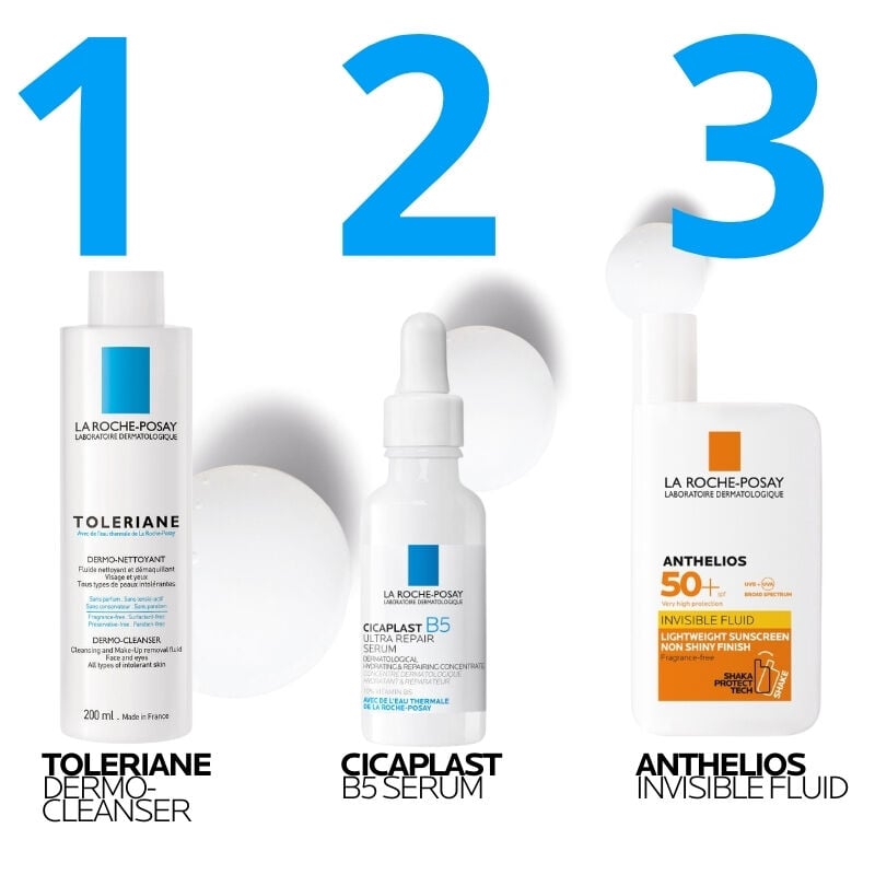 3 Step Skincare Routine - Toleriane Dermo Cleanser, Cicaplast B5 Serum and Anthelios Invisible Fluid