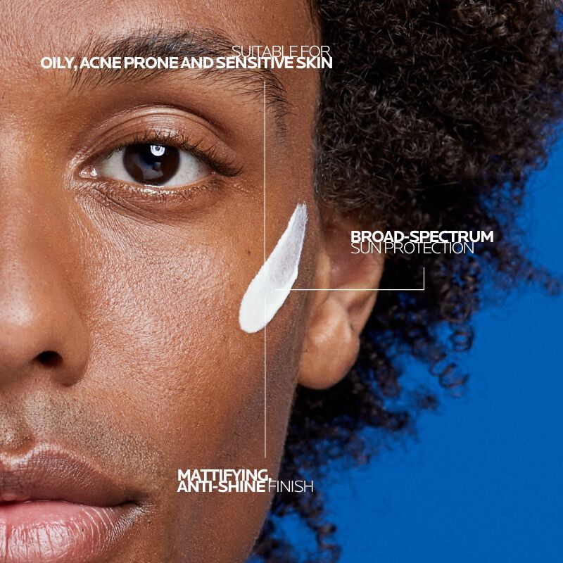 Close-up of Anthelios XL Anti-Shine Dry Touch Facial Sunscreen applied on cheek, a mattifying sunscreen suitable for oily, acne-prone and sensitive skin