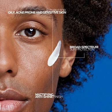 Close-up of Anthelios XL Anti-Shine Dry Touch Facial Sunscreen applied on cheek, a mattifying sunscreen suitable for oily, acne-prone and sensitive skin