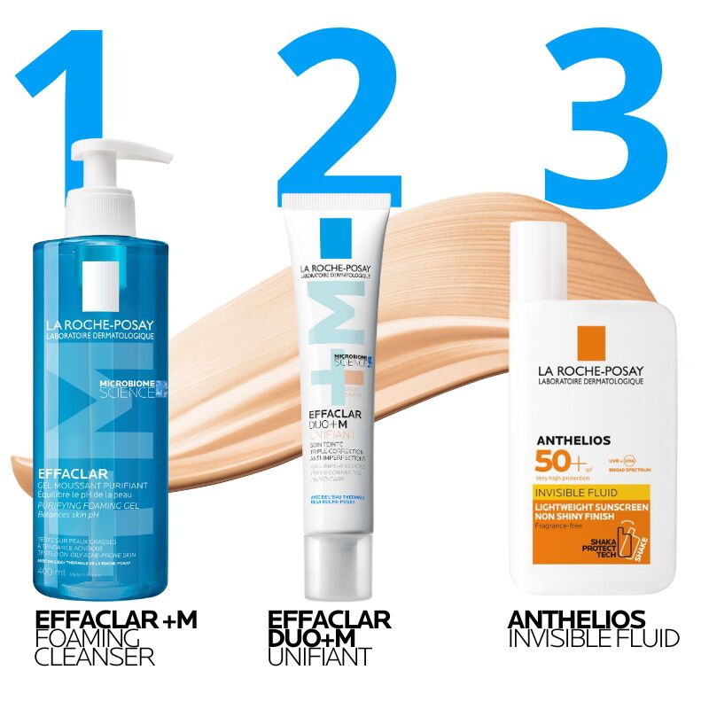 Routine steps: Effaclar Cleanser, Effaclar Duo Unifiant Tinted Moisturiser and Anthelios Sunscreen