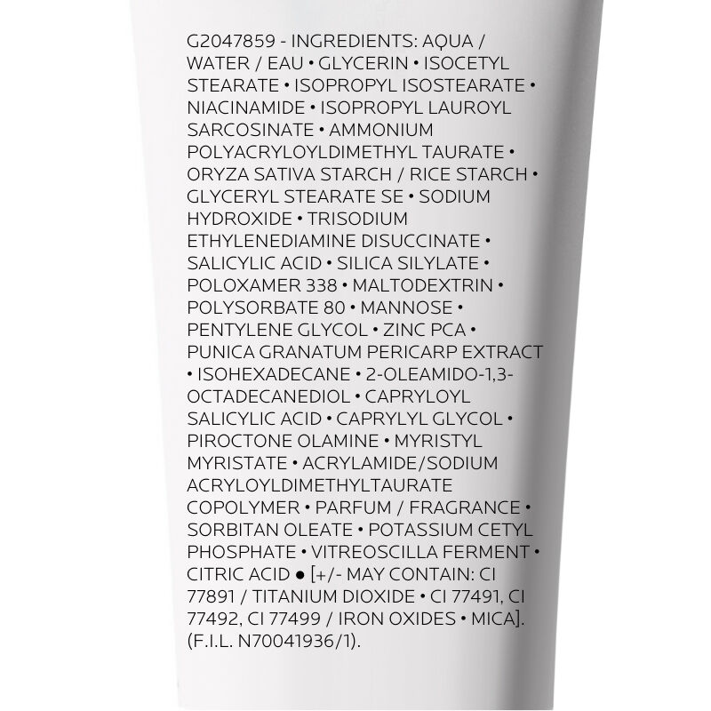 Effaclar Duo+M Unifiant Anti Imperfections Tinted Moisturiser ingredients label on the tube