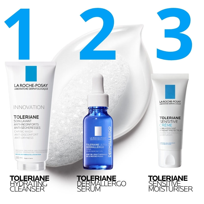La Roche-Posay Toleriane skincare routine: Hydrating Cleanser, Dermallergo Hydrating Serum, Sensitive Prebiotic Moisturiser