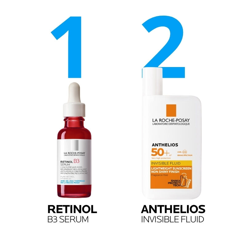 Pair La Roche-Posay Retinol B3 Anti-Ageing Serum with Anthelios SPF50+ sunscreen for daily care.
