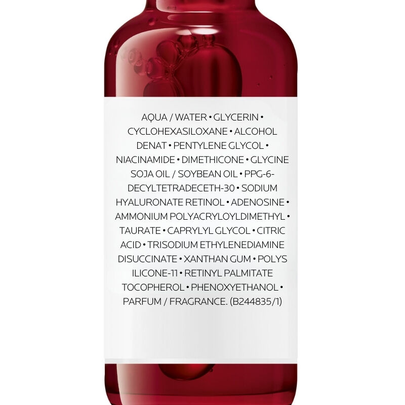 Close-up on La Roche-Posay Retinol B3 Serum bottle ingredients label, including pure retinol, niacinamide, and other hydrating components.