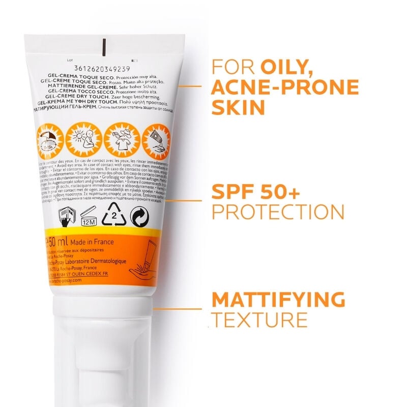 Back of La Roche-Posay matte sunscreen tube highlighting the 50+ SPF and the mattifying texture's suitability for oily and acne-prone skin