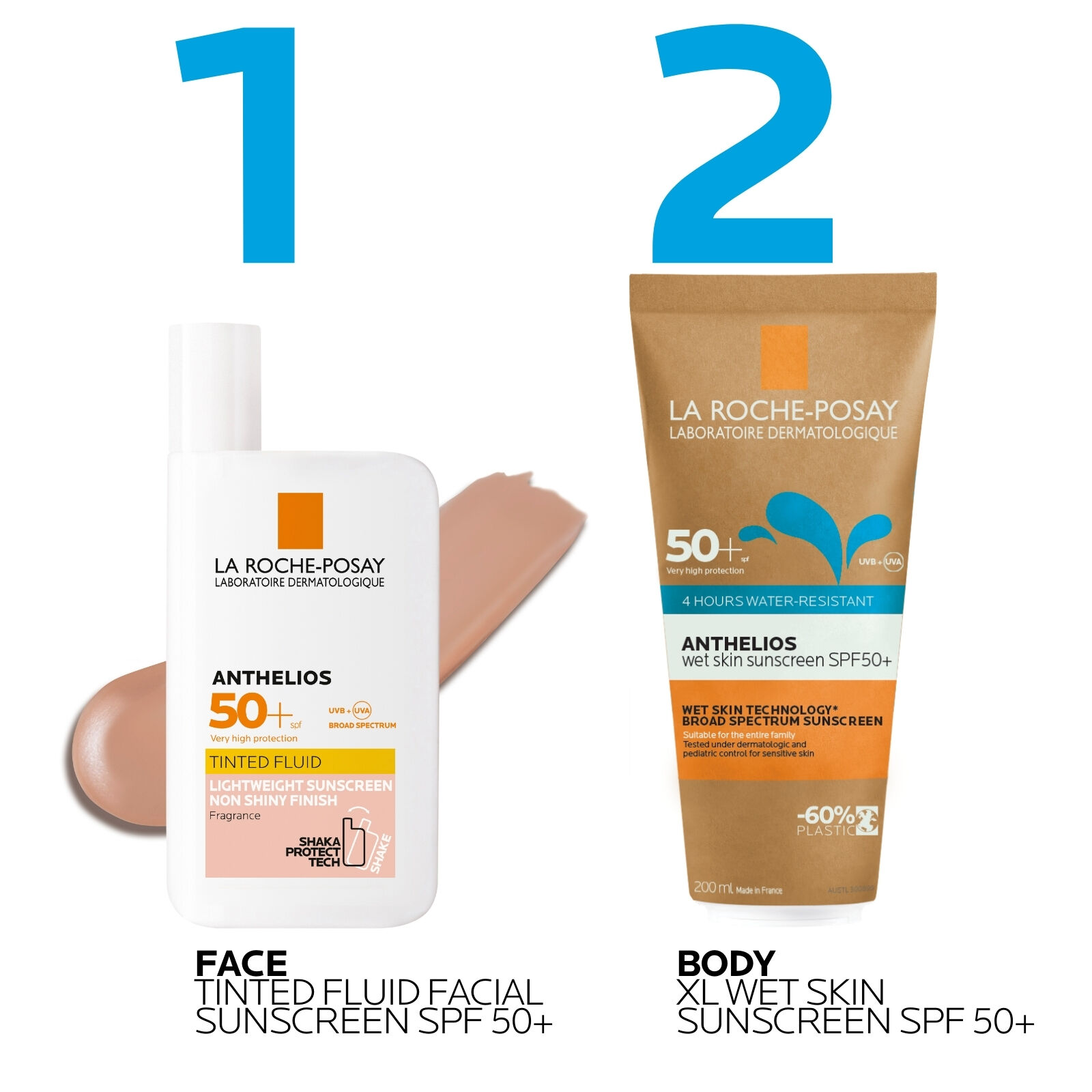 Anthelios Tinted Fluid Facial Sunscreen SPF 50+ for face complements Anthelios Wet Skin Sunscreen SPF 50+ for body