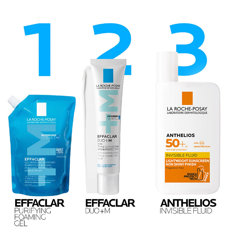 Skincare routine suitable for oily and sensitive skin: Effaclar + M Purifying Foaming Gel Cleanser, Effaclar Duo + M and Anthelios Invsible Flud Facial Sunscreen SPF50+