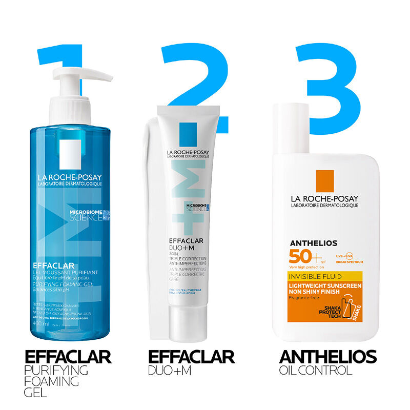 Skincare routine suitable for oily and sensitive skin: Effaclar + M Purifying Foaming Gel Cleanser, Effaclar Duo + M and Anthelios Invsible Flud Facial Sunscreen SPF50+