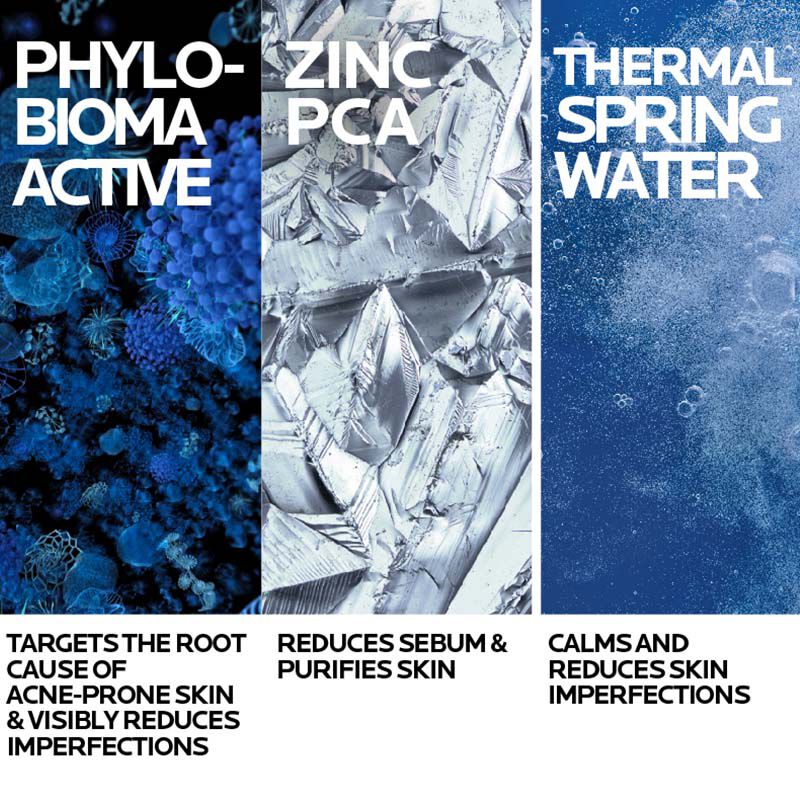 Benefits of phylobioma active, zinc and thermal spring water includes targeting the root cause of acne-prone skin, visibly reducing skin imperfections and sebum.