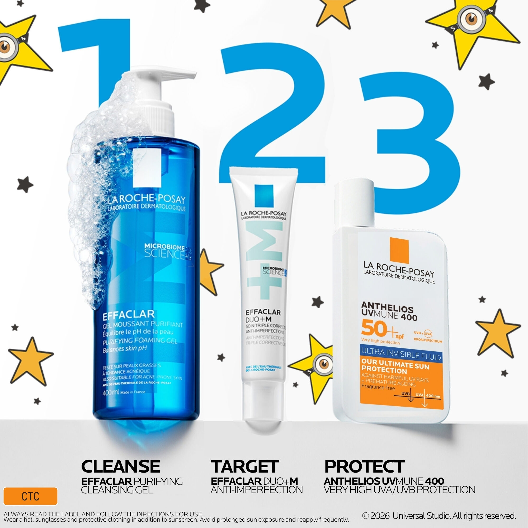 Skincare routine suitable for oily and sensitive skin: Effaclar + M Purifying Foaming Gel Cleanser, Effaclar Duo + M and Anthelios Invsible Flud Facial Sunscreen SPF50+