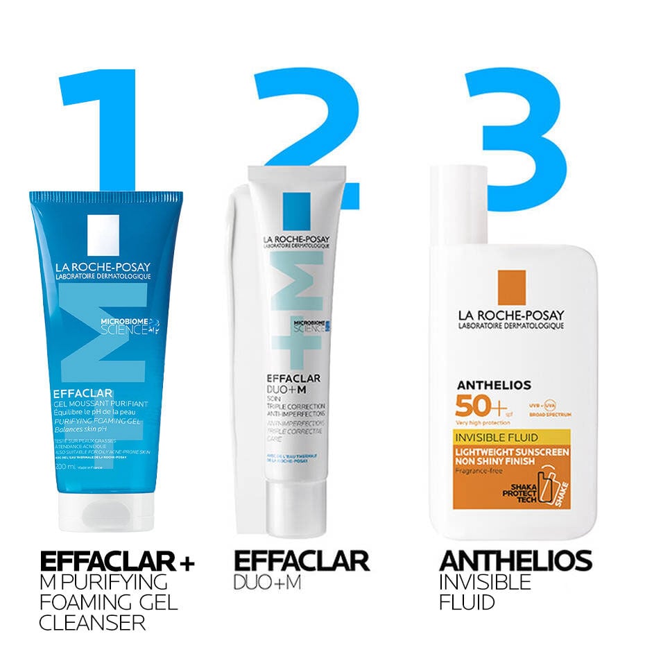 3 Step Skincare Routine - Effaclar+M Purifying Foaming Gel Cleanser, Effaclar Duo+M Moisturiser, Anthelious Invisible Fluid Sunscreen