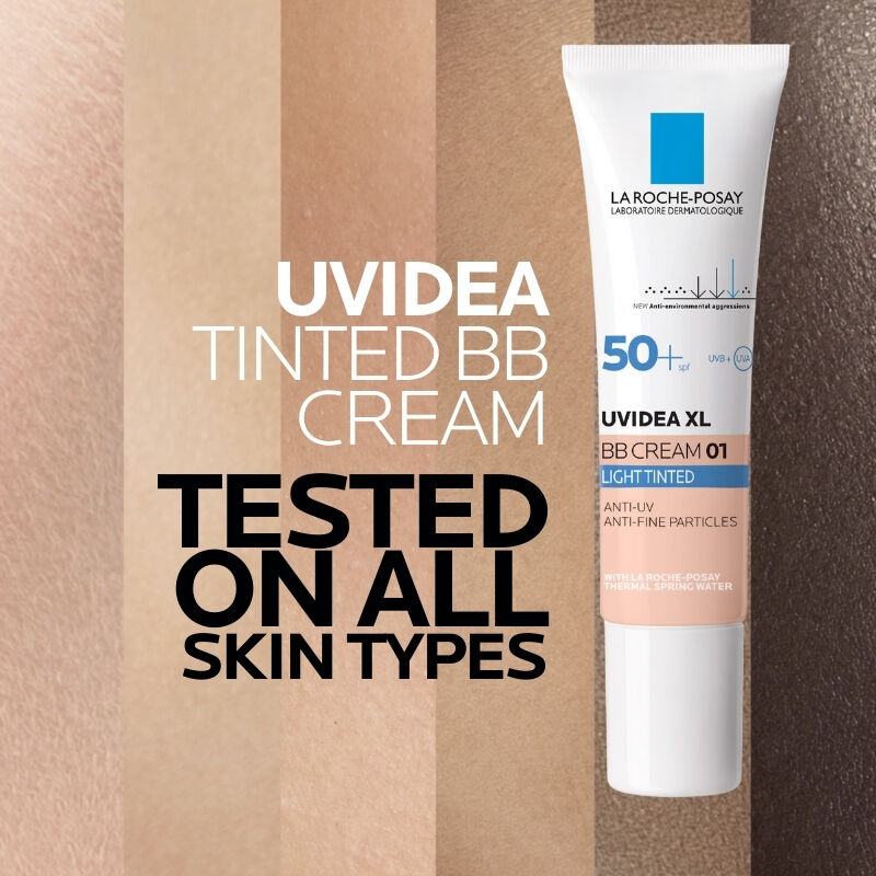 Uvidea tinted BB cream SPF 50 is tested on all skin types, showing skin colour coverage range