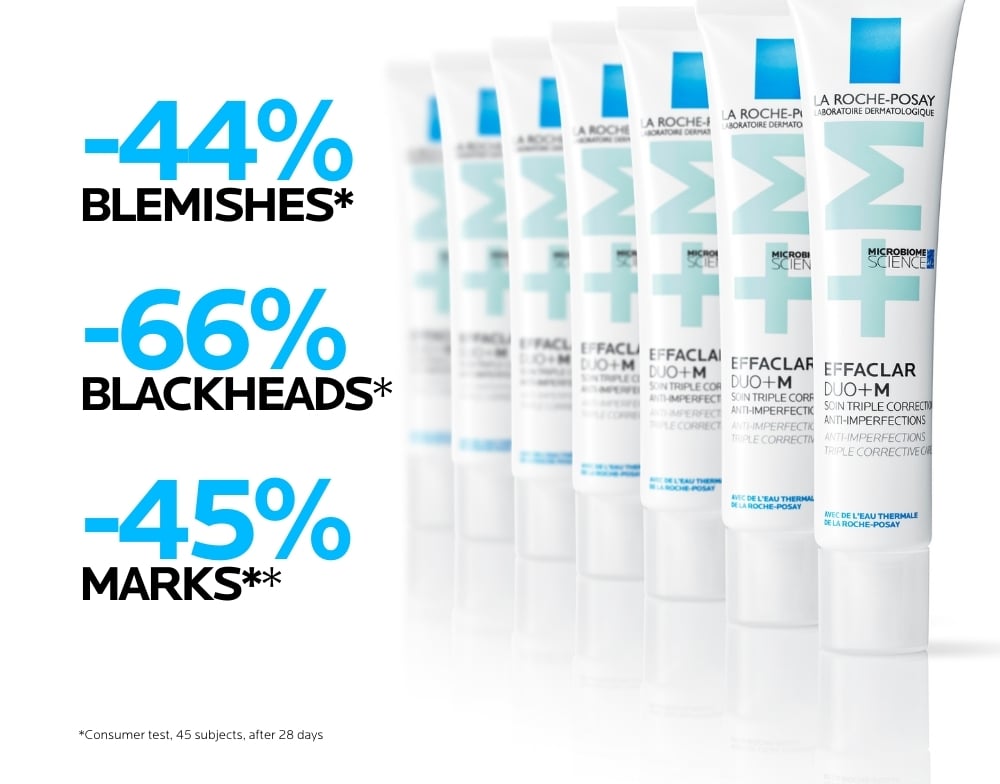 Effaclar Duo+M Anti Imperfections Moisturiser reduces blemishes, blackheads and post-blemish marks after 4 weeks*